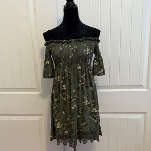 xhilaration green floral dress Xhilaration Mini Dress Womens XS Green Floral Smocked Bodice Pockets Retro  Boho